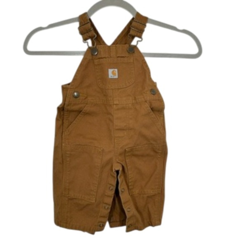 Carhartt Baby Toddler Set Brown Canvas Bib Overalls and Black Sweatshirt Size 6M - Picture 2 of 16